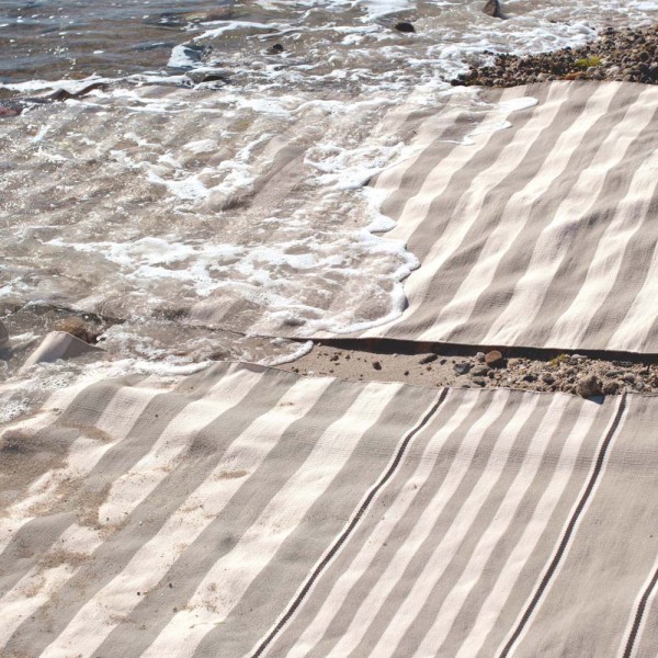 indoor outdoor rugs half in the ocean half on the sand. All weather rugs