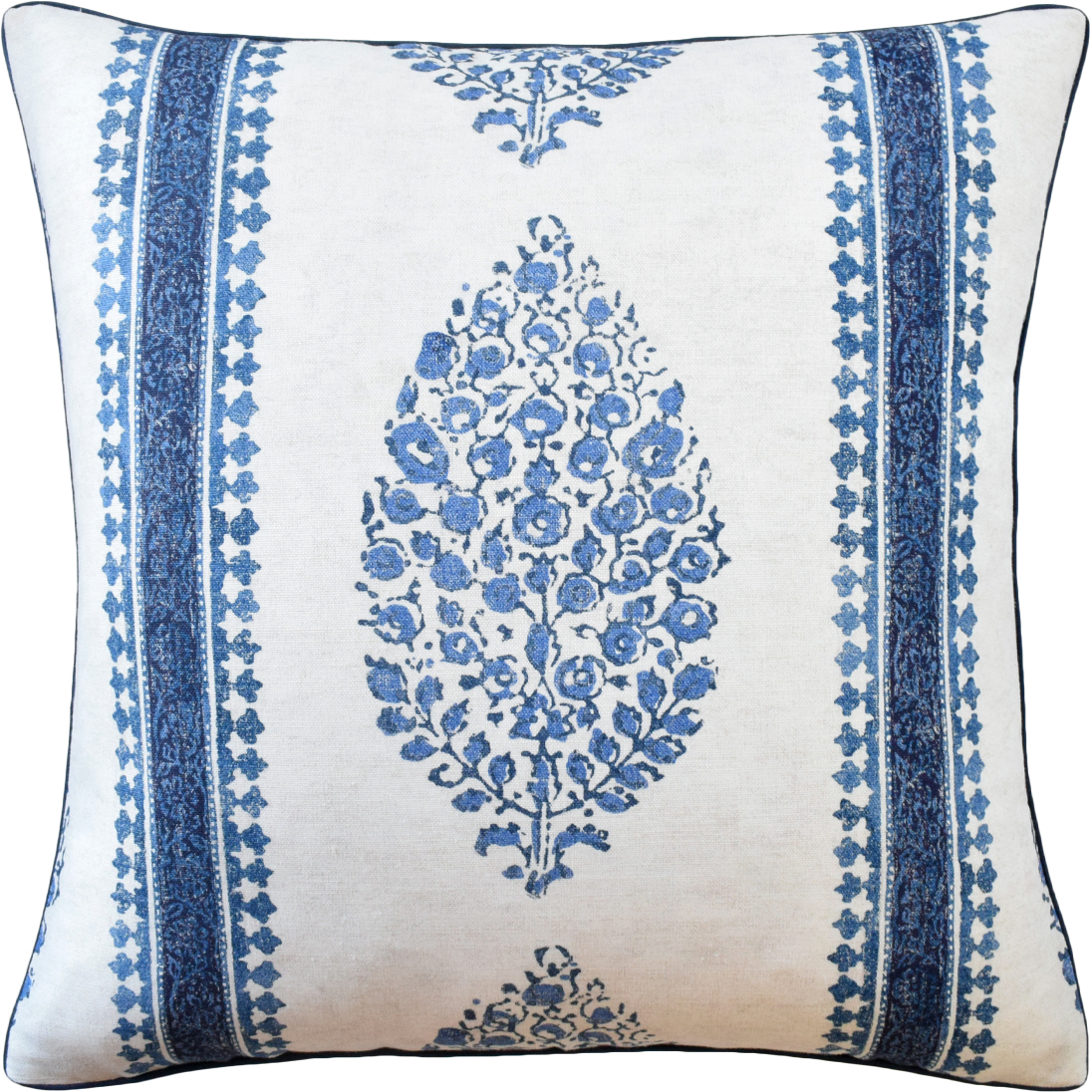 white throw pillow with blue exotic pattern