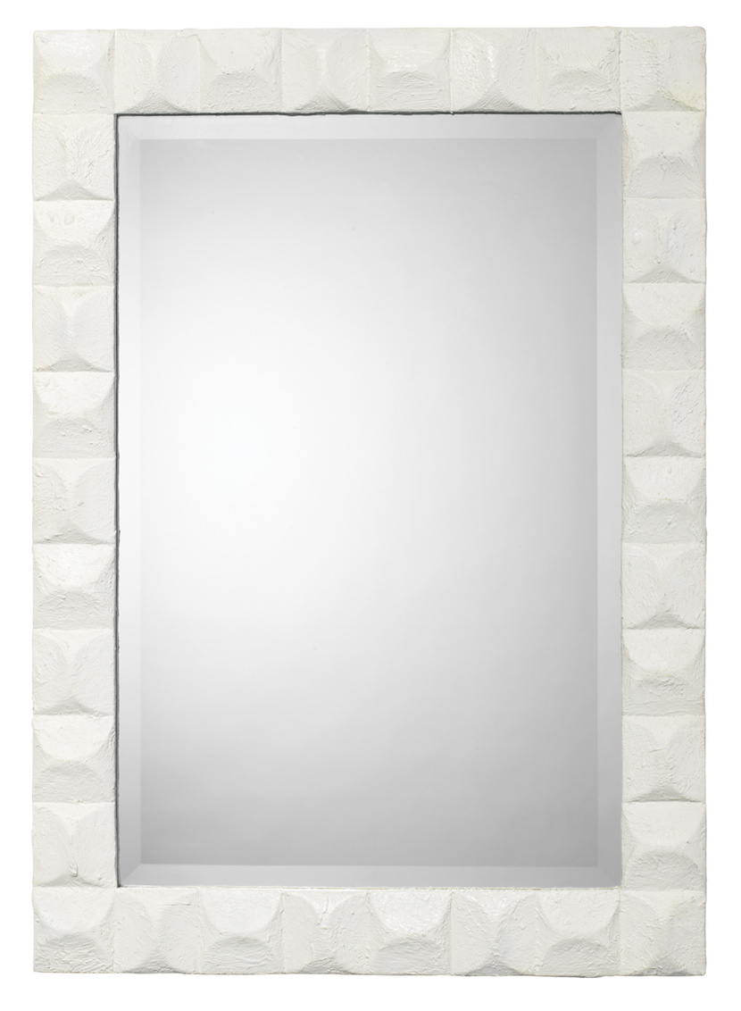 The rectangular Astor Mirror, with a thick, white, chiseled plaster frame, compliments modern home decor. Found at GDC's home decor stores, West Ashley