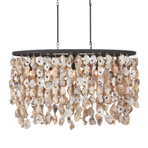 The Stillwater Oval Chandelier dangles strands of hand-selected oyster shells from a wrought iron oval frame in a blacksmith finish