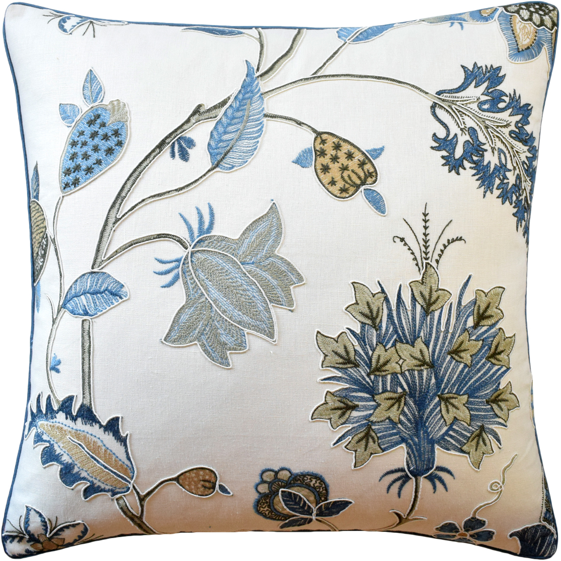 The Bakers Idienne Printed Pillow is a square, off-white contemporary accent pillow with large, soft blue wildflowers arranged throughout. Find your contemporary home decor in Charleston at GDC.