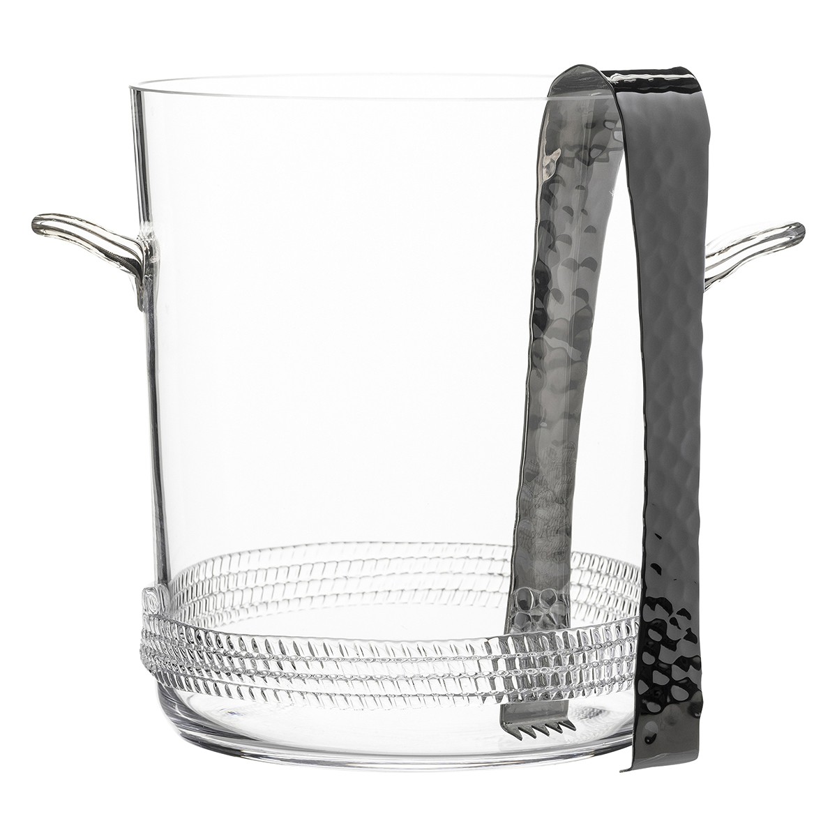 handsome, mouth-blown glass ice bucket with tongs is grounded with subtle rope detailing at the base