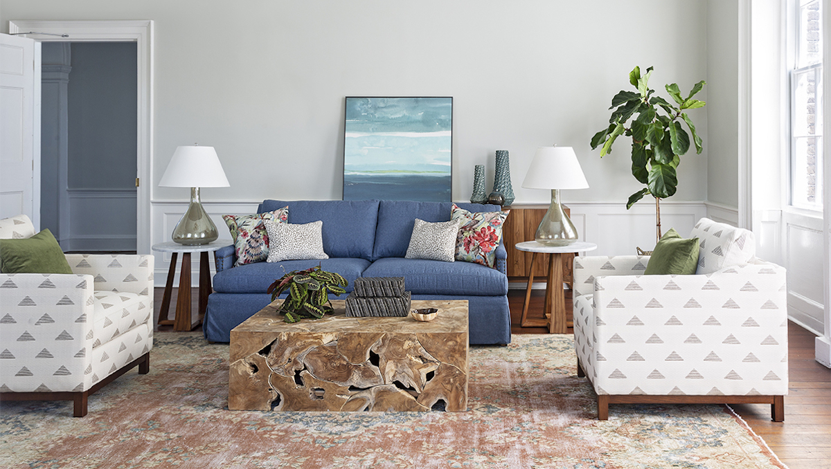 Blue Upholstery on Eclectic Couch