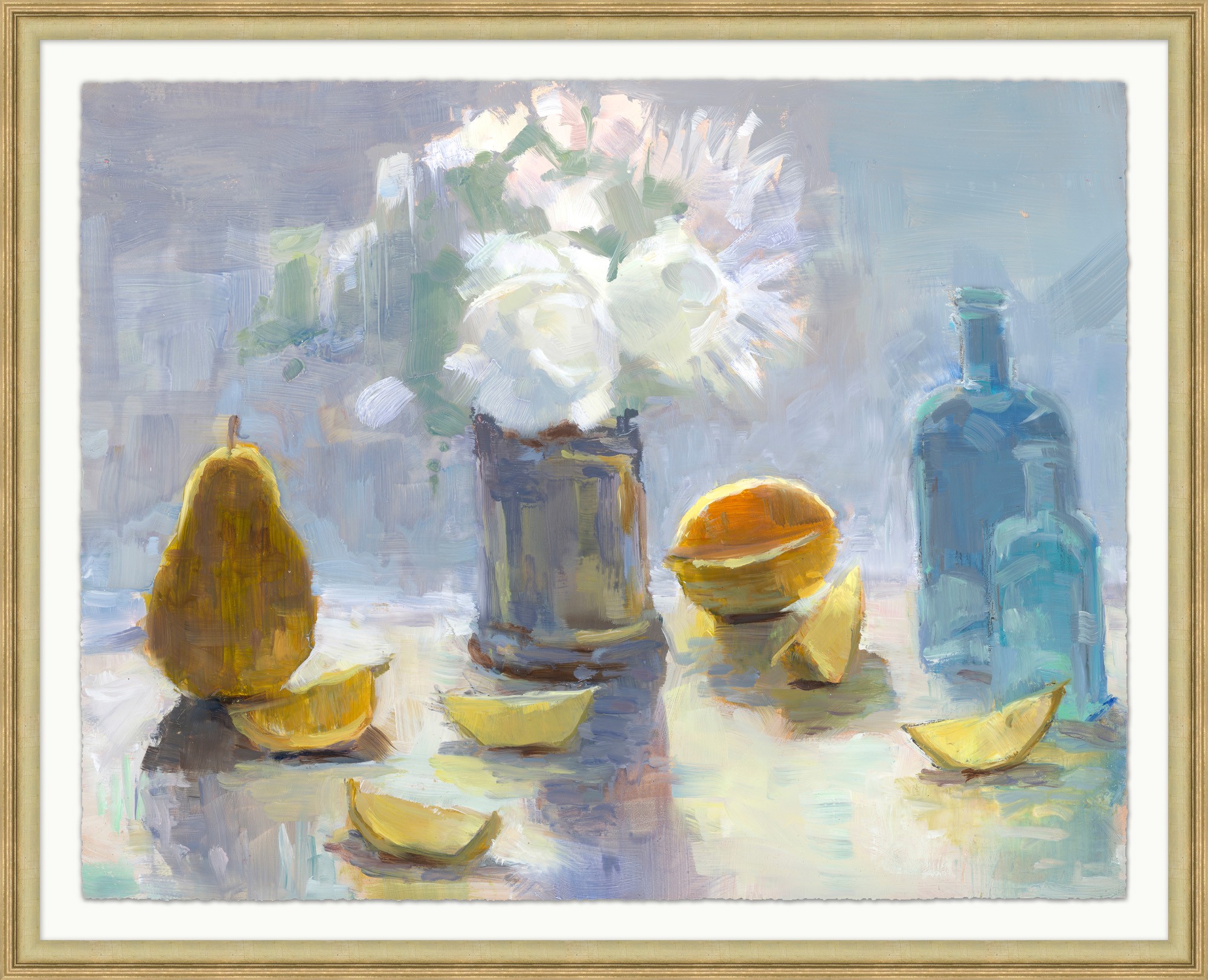 Painting of fruit around a vase with flowers