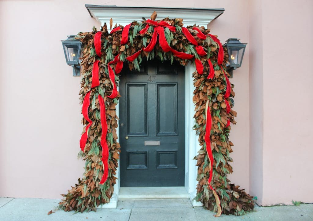 Charleston doorway decorated for Christmas