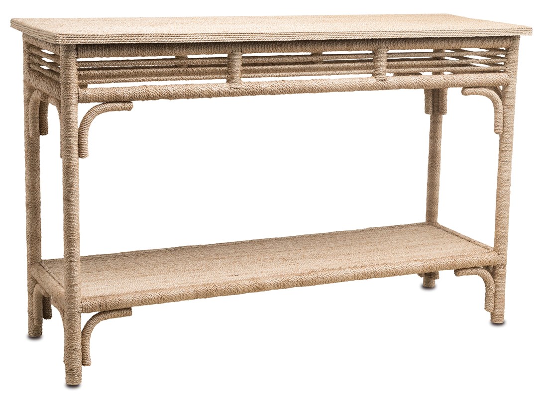 The Olisa Bohemian Console Table is covered in braided pale rope, adding a natural elegance to the living room decor. Available at Kiawah furniture stores