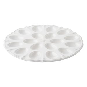 The Berry & Thread Deviled Egg Platter boasts a scalloped rim replete with their rustic thread and berry motif, ready for your next potluck.
