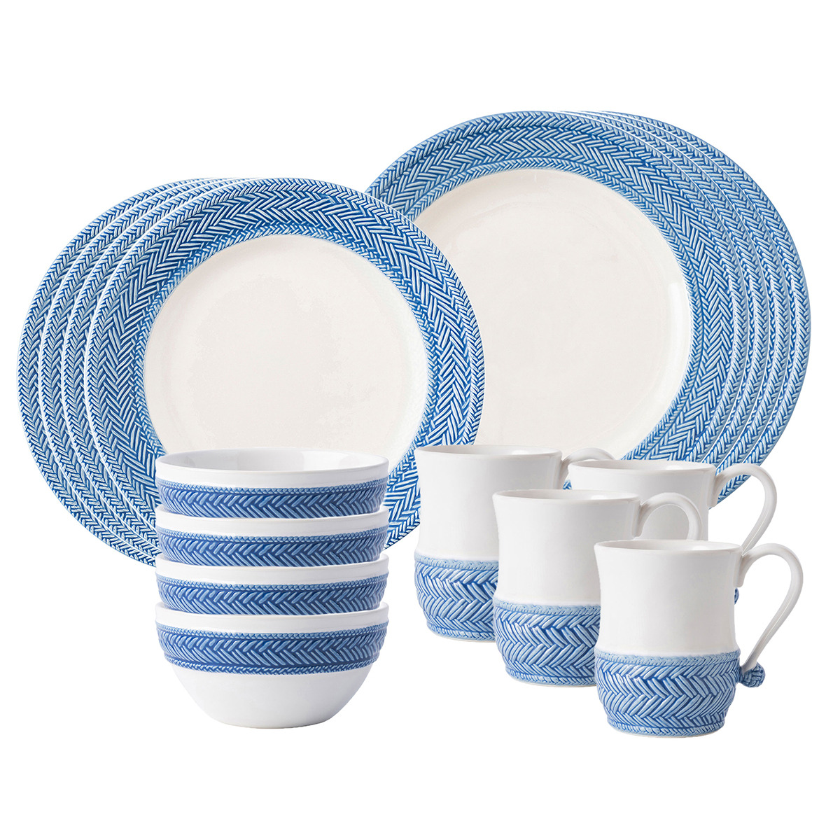 The sophisticated Le Panier 16 piece place setting in delft blue was inspired by the French basket weave often found in equestrian and nautical traditions.
