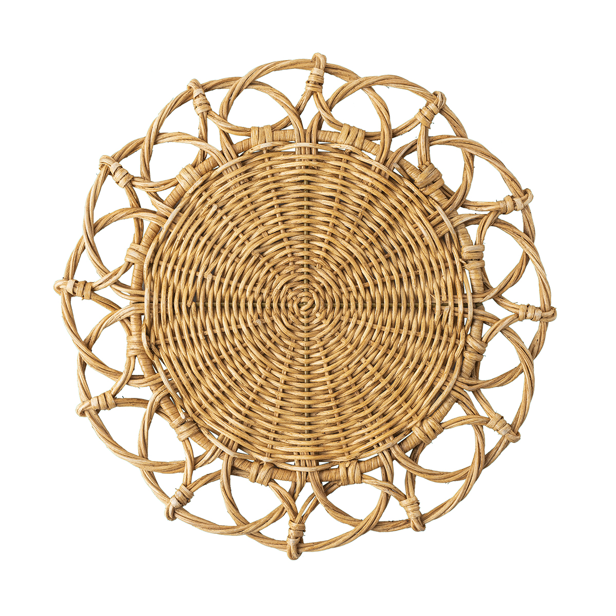 Natural woven Provence placemat made of rattan, featuring overlapping circles along the outside edge. Available at Mt. Pleasant home decor store GDC Home