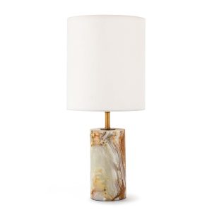 Mini cylinder lamp in jade and brass from a Charleston lighting store, perfect for Mount Pleasant interior design and cozy lighting