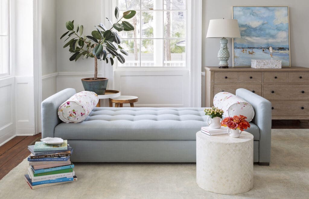 daybed with pattered pillows for a pop of color