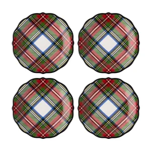 cocktail plates with primarily red, white, and green tartan