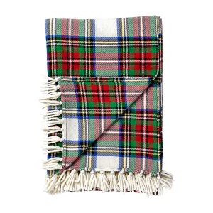 throw with red, white, and green tartan with cream fringe