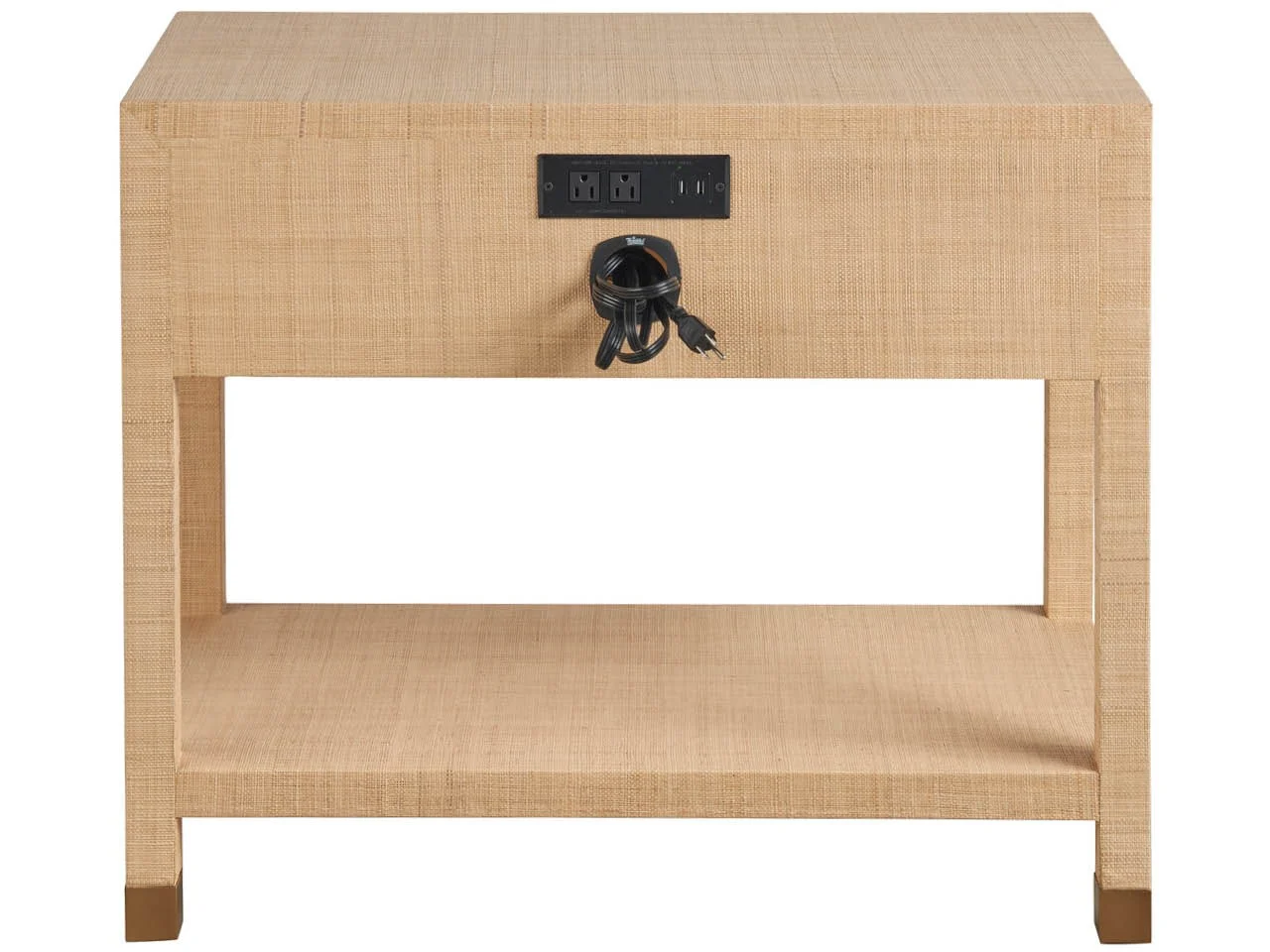 back view of raffia covered nightstand with electrical outlets