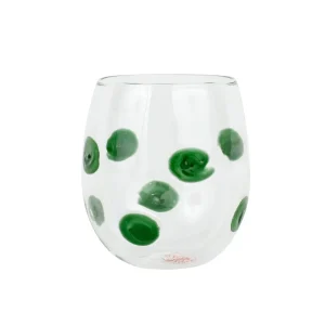 stemless wine glass with green dots