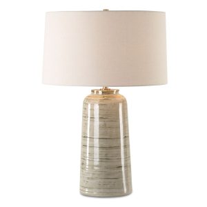 strata table lamp with greenish tan glaze with dark undertones, accented with plated antique brass details.