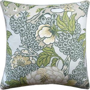 100% linen pillowcase featuring large patterned florals in shades of pale blues, garden greens, and calming grays.