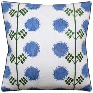 white and blue pattered throw pillow