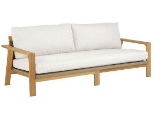 Hanna Sofa, outdoor furniture piece with wooden base and white cushions