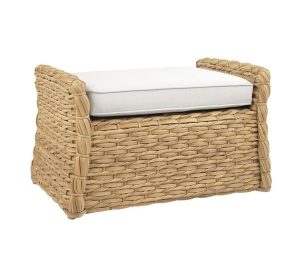 Vero Ottoman, outdoor furniture piece, cream pillows with natural woven base