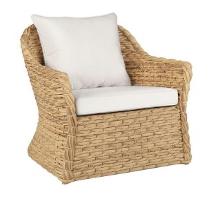Vero Lounge Chair, outdoor furniture piece, cream pillows with natural woven base