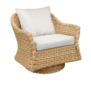 Vero Swivel Rocker Lounge Chair, outdoor furniture piece, cream pillows with natural woven base