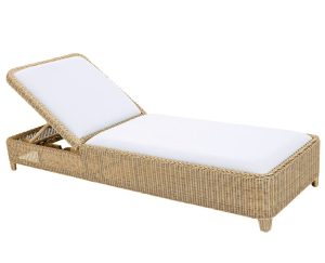 Quogue Chaise, outdoor furniture piece, cream pillows with natural woven base