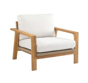 Hana Lounge Chair, outdoor furniture piece with wooden base and white cushions