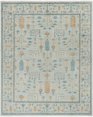 Beach Glass handmade rug, blue and tan floral natural rug