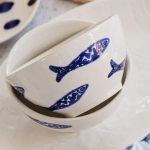 Santorini minnows cereal bowl from a Charleston home decor store with a selection of decorative objects, tabletop pieces, dinnerware sets, and Charleston home decor