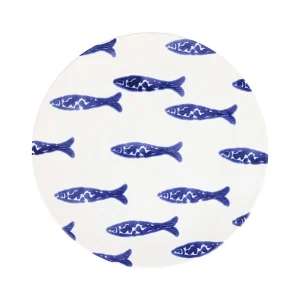 Santorini minnows salad plate from a Charleston home decor store with a selection of decorative objects, tabletop pieces, dinnerware sets, and Charleston home decor