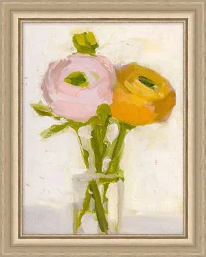 Framed in a Champagne Distressed finish, an artist enhanced print of a multicolor bouquet is perfect for delicate Charleston home decor.