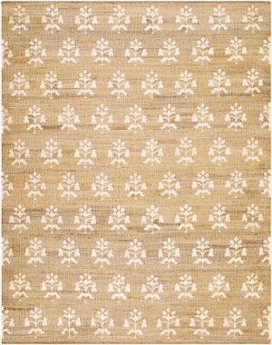 flatweave natural rug with a delicate white floral pattern continued throughout