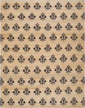 flatweave natural rug with a simple black floral pattern continued throughout.