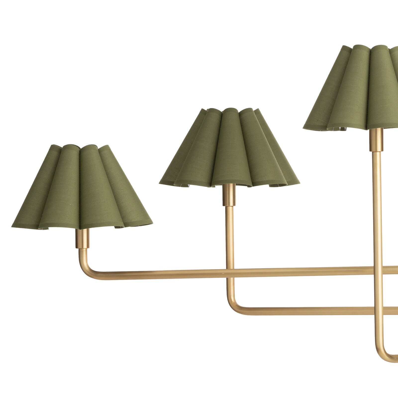 detail of antique brass chandelier with olive scalloped shades