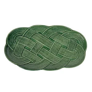 dark green small hostess tray with intricate, interwoven braiding