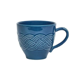 deep blue mug with intricate, interwoven braiding on midline and handle