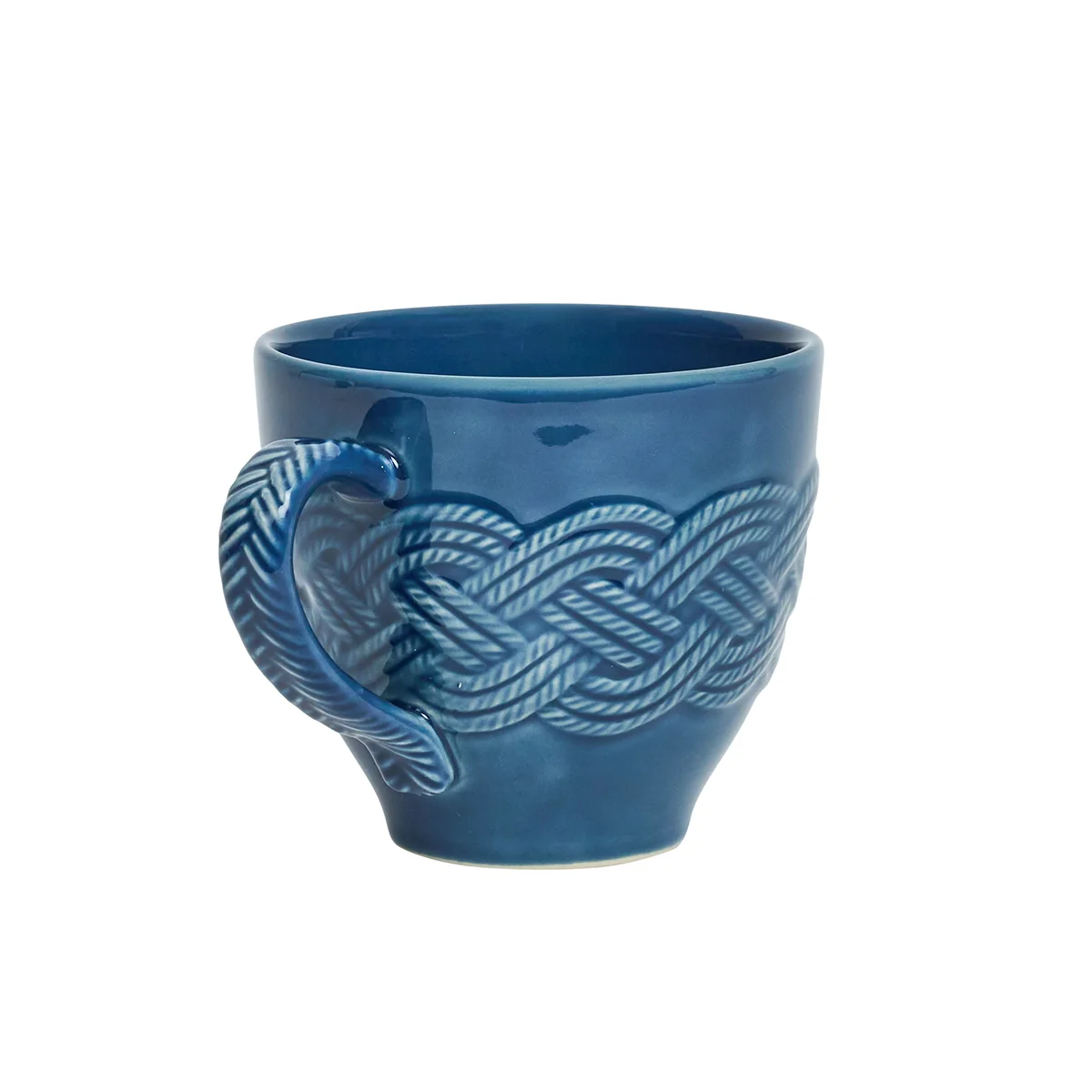 deep blue mug with intricate, interwoven braiding on midline and handle