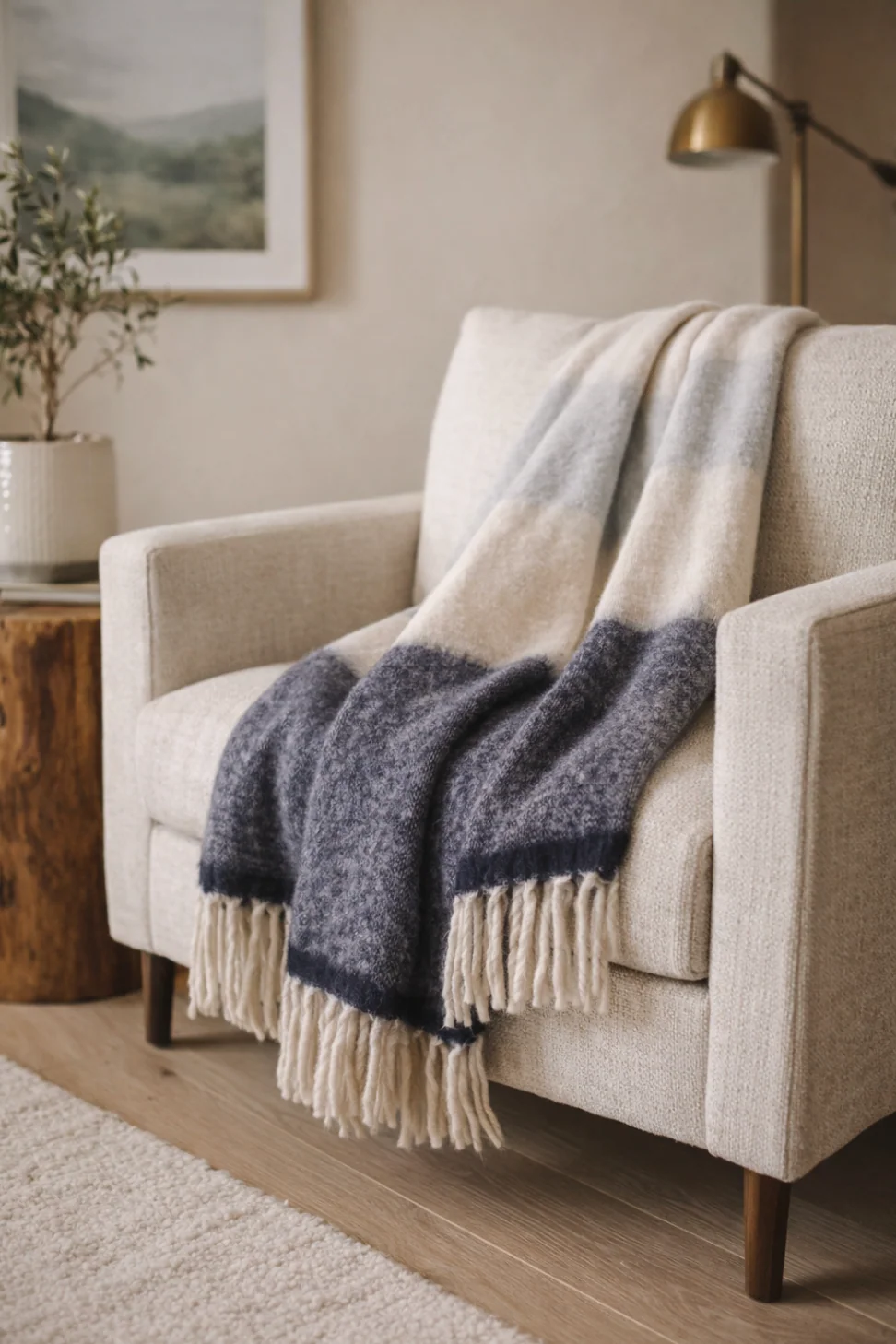 navy, white, and light blue striped faux mohair throw with ivory fringe draped across a neutral chair