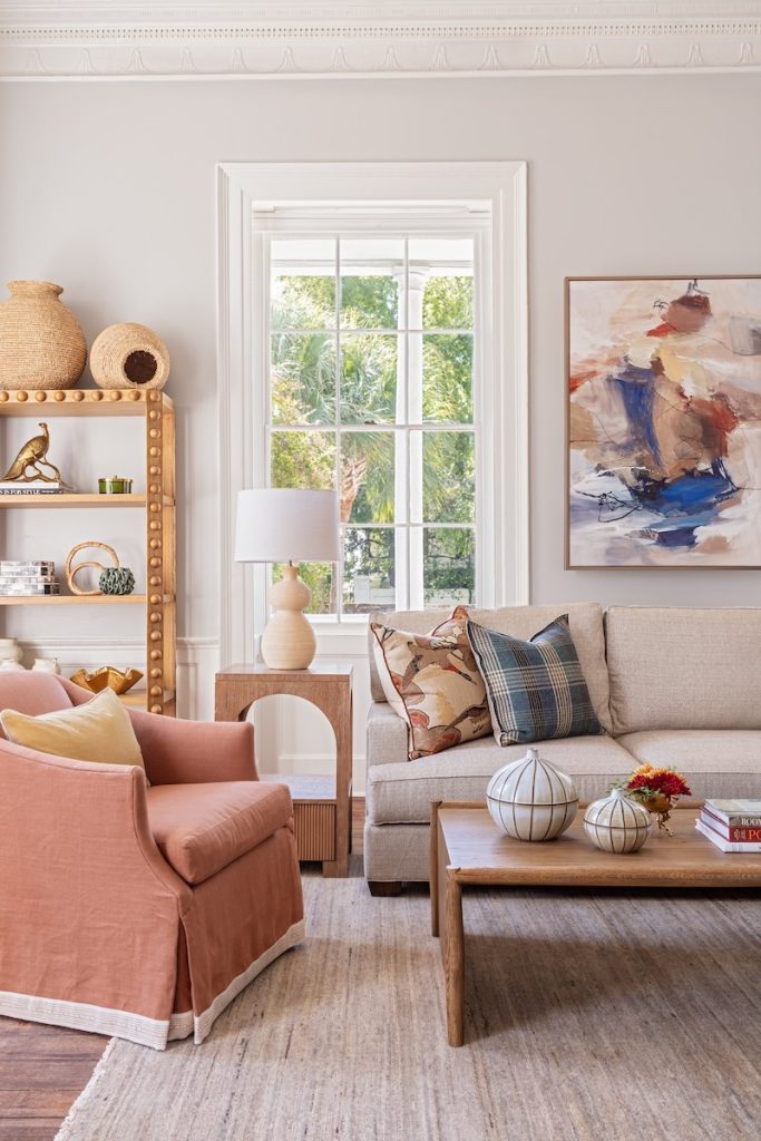 Comfy living room with custom decor that exemplifies staying cohesive with layered textures.
