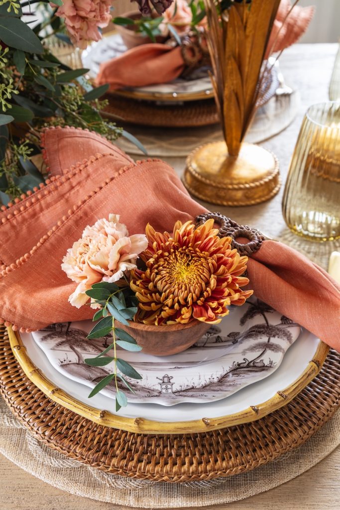 Building a strong base with linens can help elevate your tablescape, giving it an interior design touch.
