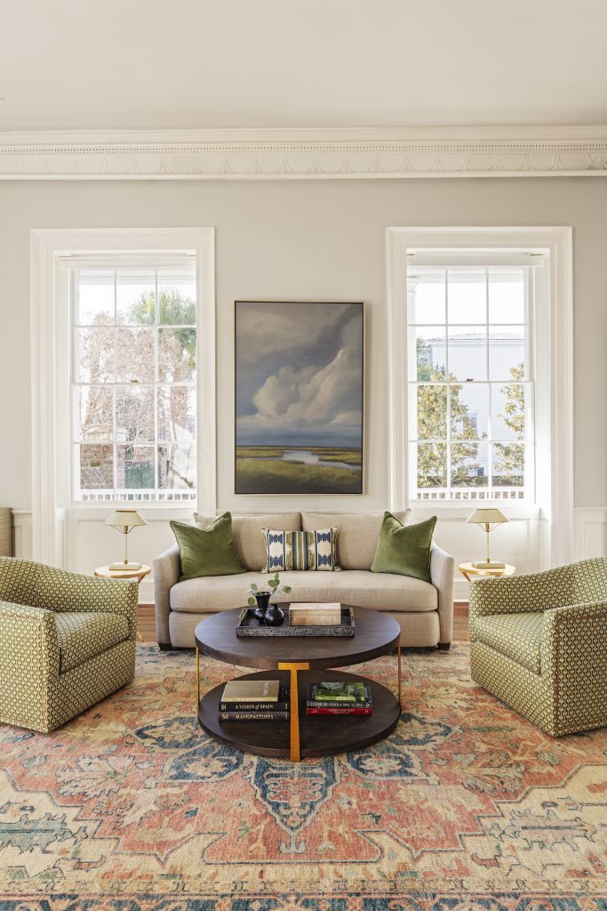 Holiday Living Room with Warm, Textured Rugs Hosting Design Tips