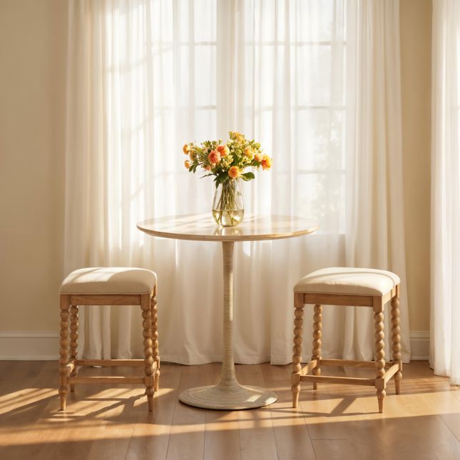 lifestyle image of two bobbin design counter stools with a bistro table, vase of yellow and orange flowers, and sheer ivory curtains