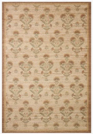 flatweave natural rug with multi-colored floral pattern continued throughout