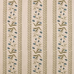 linen antique floral swatch. cream base with blue and green floral accents
