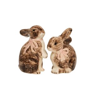 whimsical bunny salt and pepper set in warm brown ceramic