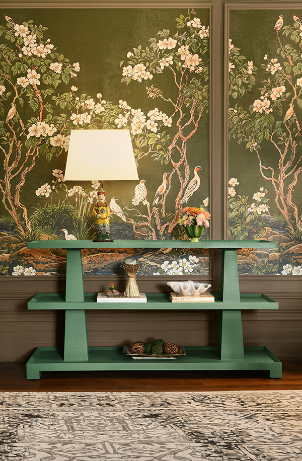 lifestyle image of three tiered console, textured green linen, sold by GDC Home in Charleston, SC
