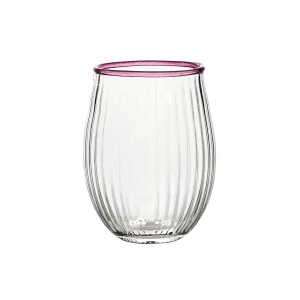 nell stemless wine glass with a pink rim and ribbed glass