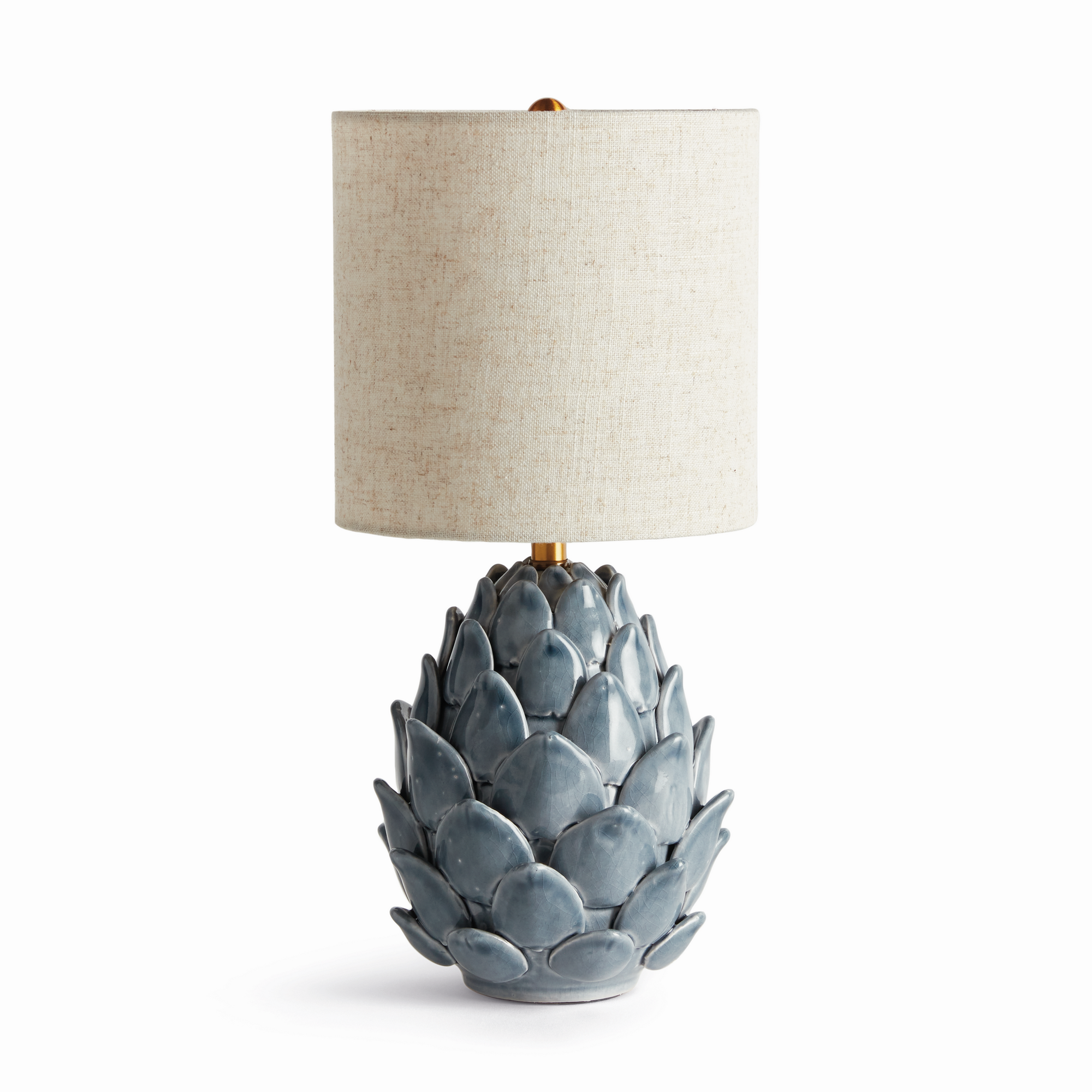 blue artichoke inspired lamp with natural linen shade