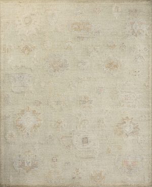 An area rug with subtle asymmetrical motifs in a soft multicolored color palette